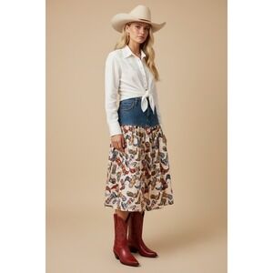Harley-Davidson Western‎ Denim Leather Cowboy Boot Print Midi Skirt Size 6 Blue